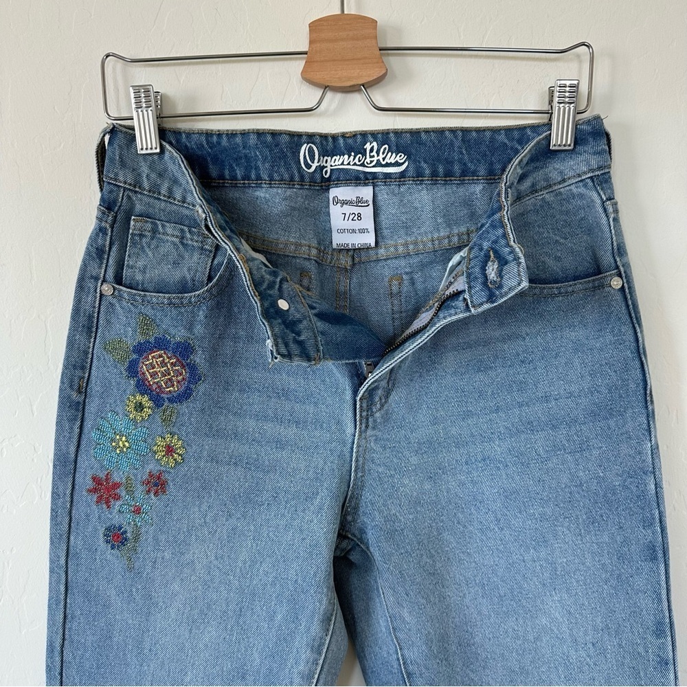 Organic Blue Boho Artsy Embroidered Floral Straight Leg High Rise Jeans Size 7 - Picture 4 of 12